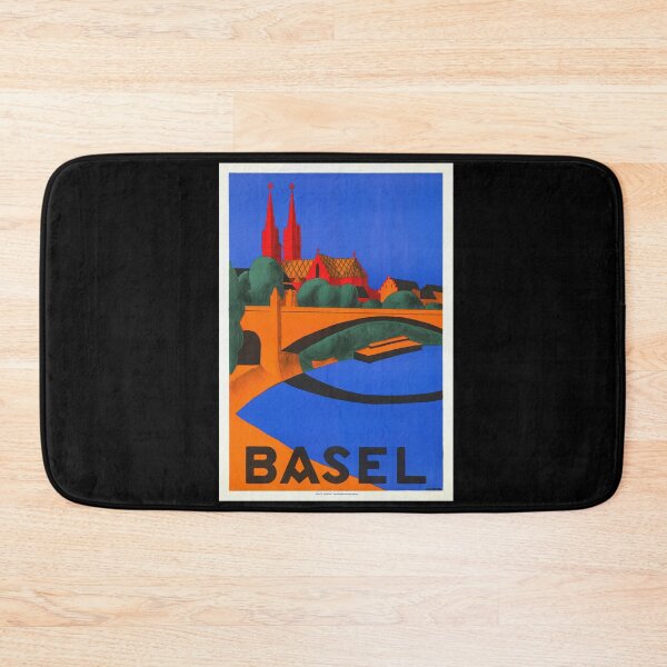 Item preview, Vintage Basel Travel Poster | Mid-Century Art Deco Style | Bold Colors & Architectural Landmarks | Basel Minster & Rhine River designed and sold by artofuniverse.