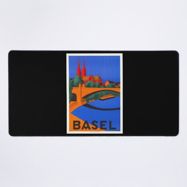 Item preview, Vintage Basel Travel Poster | Mid-Century Art Deco Style | Bold Colors & Architectural Landmarks | Basel Minster & Rhine River designed and sold by artofuniverse.