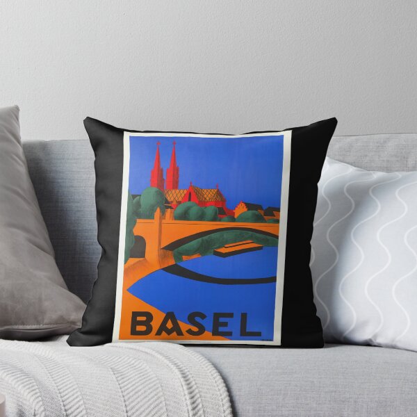 Item preview, Vintage Basel Travel Poster | Mid-Century Art Deco Style | Bold Colors & Architectural Landmarks | Basel Minster & Rhine River designed and sold by artofuniverse.