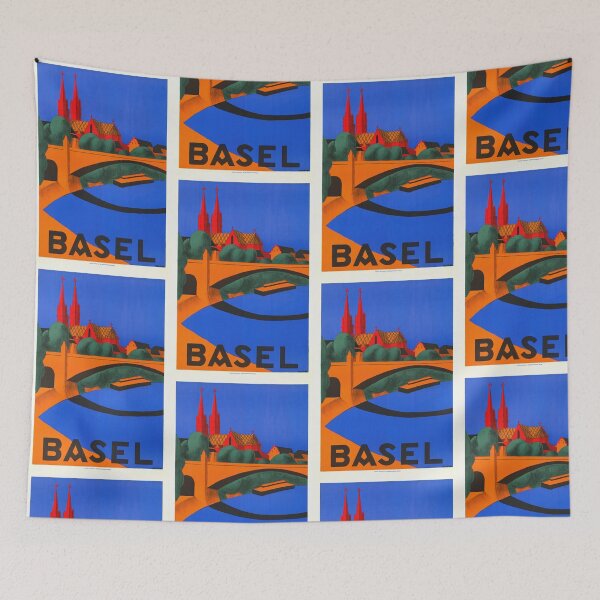 Item preview, Vintage Basel Travel Poster | Mid-Century Art Deco Style | Bold Colors & Architectural Landmarks | Basel Minster & Rhine River designed and sold by artofuniverse.