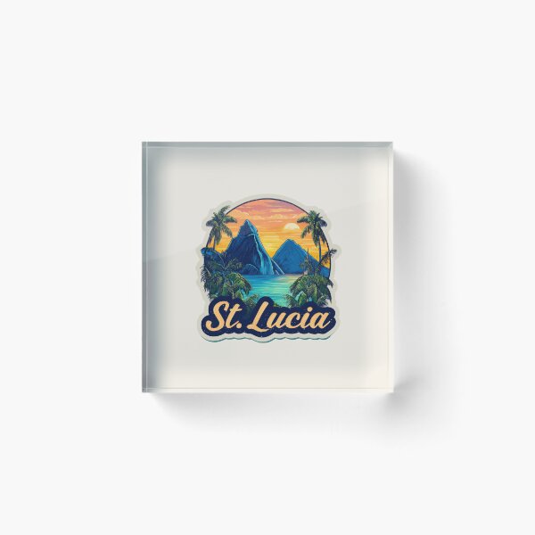 Item preview, St. Lucia Vintage Travel Sticker Retro Island Sunset & Pitons Mountain Design designed and sold by Blurbean.