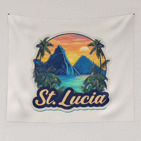 Item preview, St. Lucia Vintage Travel Sticker Retro Island Sunset & Pitons Mountain Design designed and sold by Blurbean.