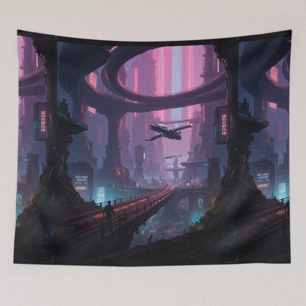 Item preview, Futuristic cyberpunk city wallpaper designed and sold by Planet Utoppia.