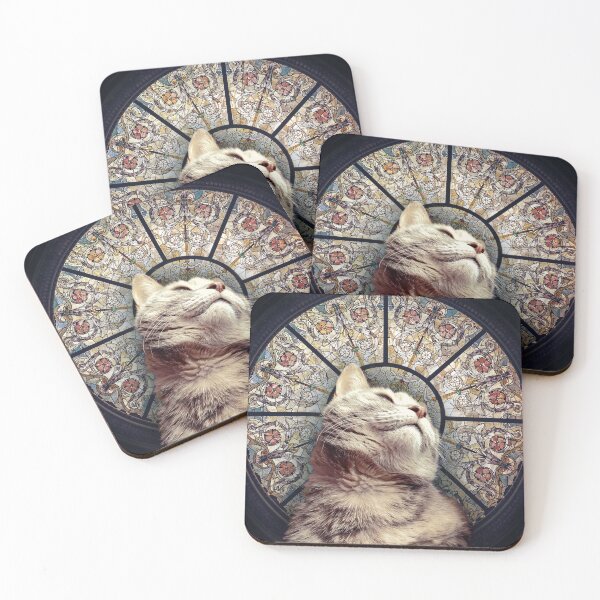 Item preview, Impresión digital de collage de gato gris con roseta de vitral designed and sold by Julia Sol.