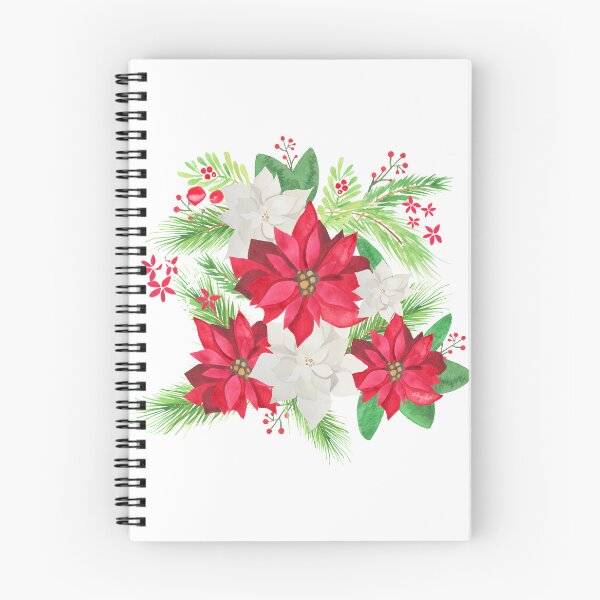 Item preview, A watercolor design of red and white poinsettias and green foliage and berries designed and sold by Hillary Holt.