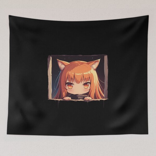 Item preview, Holo Spice And Wolf Anime Chibi Peeking Fox Girl At Night Scene designed and sold by TorbenKuhano.