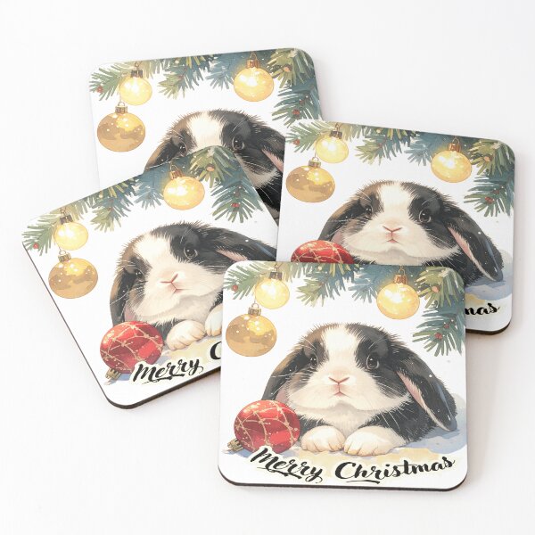Item preview, Black and white Holland lop rabbit lying under the Christmas tree, Christmas tree ball Merry Christmas text designed and sold by LiskoDesign.