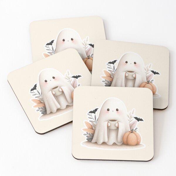 Item preview, Cozy Cute Ghost with Pumpkin and Coffee — Pastel Halloween Aesthetic designed and sold by Inkora-Art.