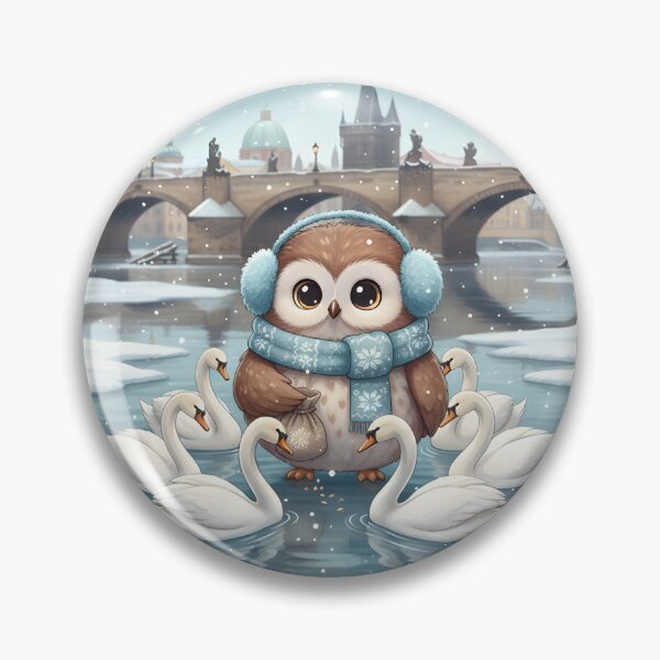 Item preview, Kawaii Owl & Swans • Vltava Charles Bridge Winter Prague  designed and sold by FixwellStudio.