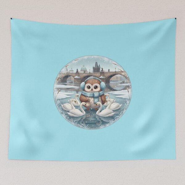 Item preview, Kawaii Owl & Swans • Vltava Charles Bridge Winter Prague  designed and sold by FixwellStudio.