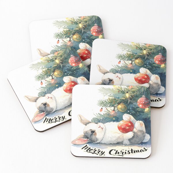 Item preview, Grey dwarf rabbit lies under the Christmas tree, Christmas tree ball Merry Christmas Text designed and sold by LiskoDesign.
