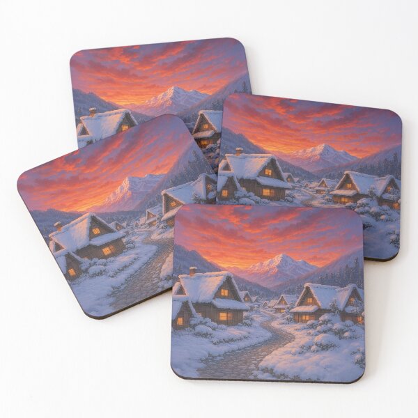 Item preview, Peaceful Japanese Village at Sunset – Anime Winter Landscape designed and sold by Koimak.