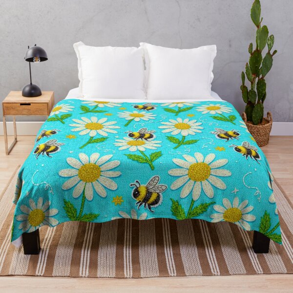 Item preview, Daisy Embroidered Pattern Bee Summer Garden Happy Blue designed and sold by JOSTH.