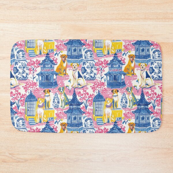 Item preview, Preppy dogs in pink chinoiserie garden with pagodas and ginger jars designed and sold by SophieClimaArt.