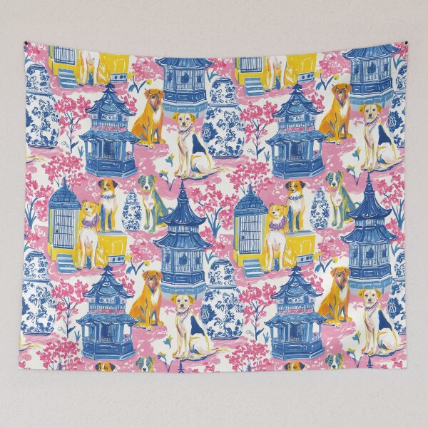 Item preview, Preppy dogs in pink chinoiserie garden with pagodas and ginger jars designed and sold by SophieClimaArt.