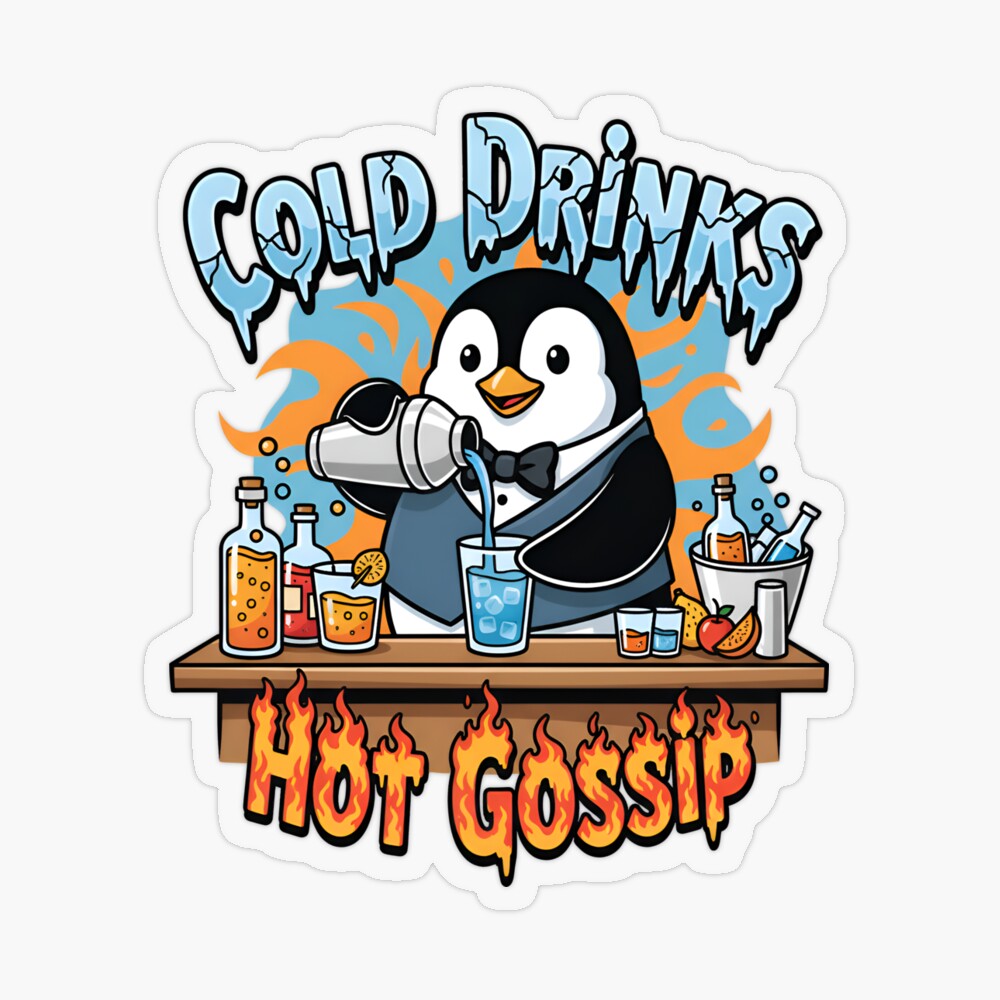 Transparent Sticker: Bartender Cold Drinks, Hot Gossip Penguin