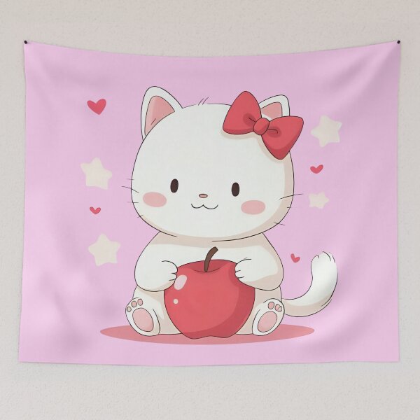Item preview, Cute Chubby White Kitten with Red Apple – Kawaii designed and sold by SweetRossel.