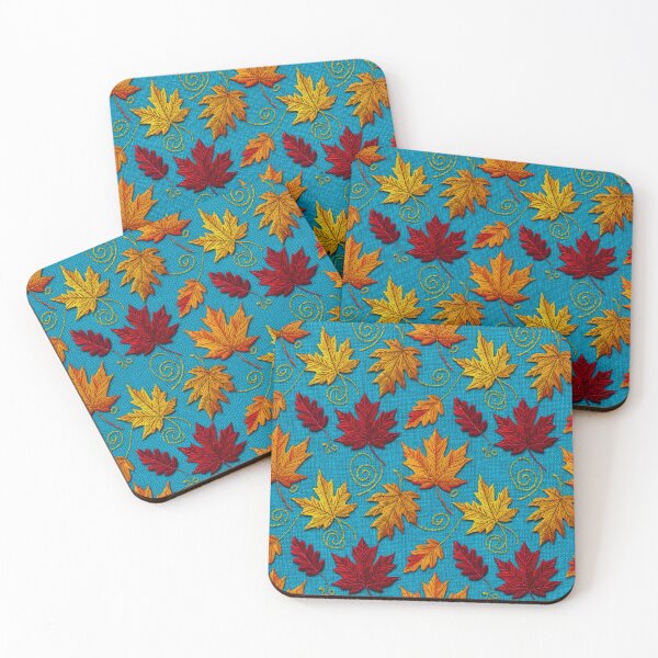 Item preview, Autumn Leaves Maple Pattern Embroidery Harvest Rustic Turquoise designed and sold by JOSTH.