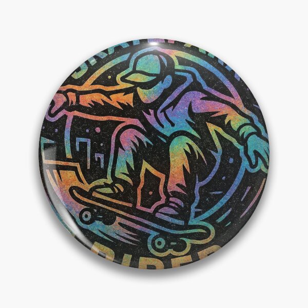 Artikelvorschau, Stilisierter Skateboarder mitten im Sprung im urbanen Abzeichen mit Neon-Farbverlauf entworfen und verkauft von Creative88Art.