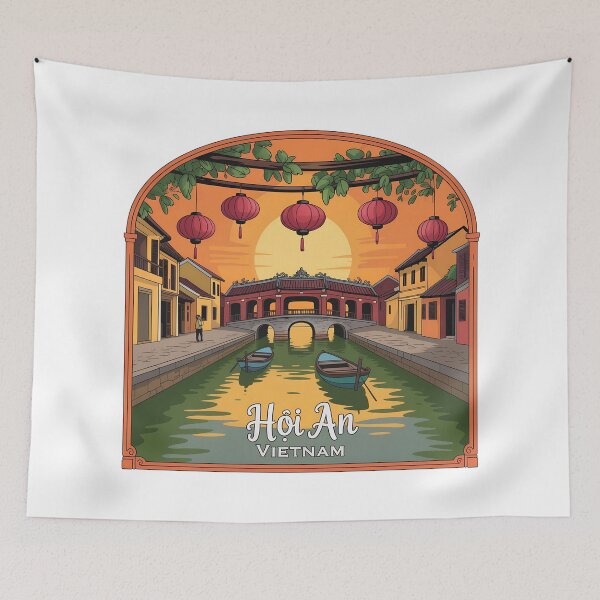 Item preview, Hoi An Vietnam Sunset Illustration – Colorful Canal, Lanterns & Bridge Travel Art designed and sold by VividOrganica.