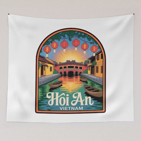 Item preview, Hoi An Vietnam Travel Sticker – Vintage Sunset Canal & Lantern Bridge Art designed and sold by VividOrganica.