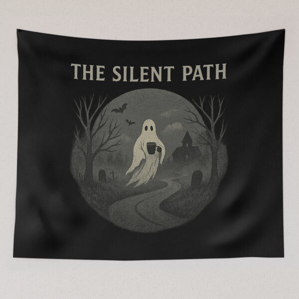 Item preview, The Silent Path – Haunting Ghost with Coffee in a Misty Graveyard designed and sold by AddictiveDesign.