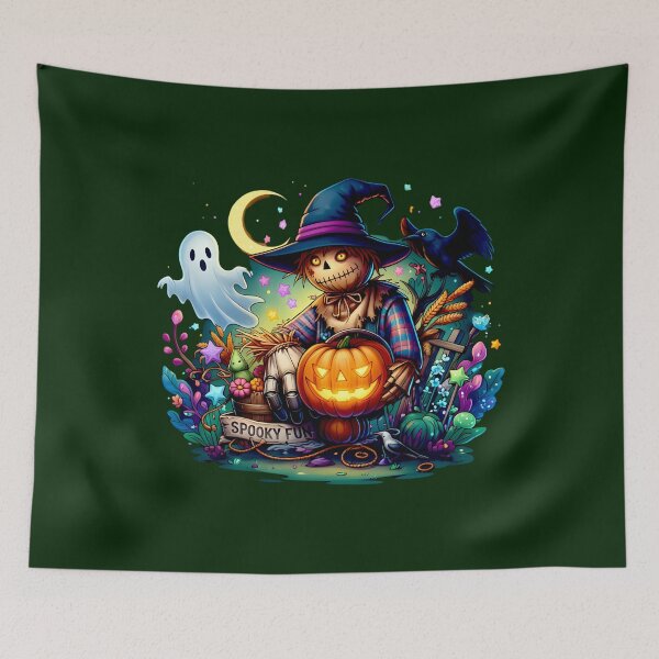 Item preview, Whimsical Scarecrow with Ghost & Crow – Spooky Fun Art designed and sold by Doodle-Bloom.