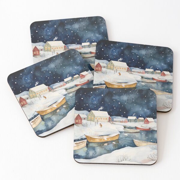 Item preview, Winter Fishing Village Watercolor Painting – Snowy Harbor Scene with Boats and Nordic Cottages designed and sold by dawnleblanc55.