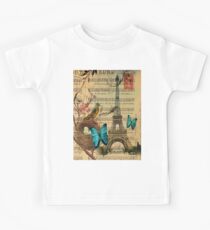 vintage bird nest paris eiffel tower botanical art Kids Tee
