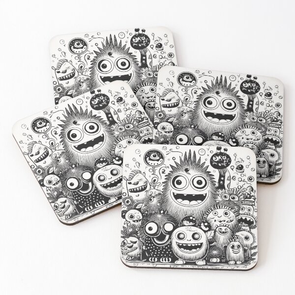 Item preview, Charming Black and White Woodblock Print of Happy Little Monsters Posing Together designed and sold by mrpropcake.