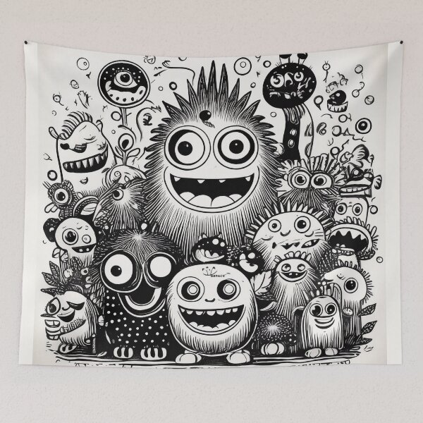 Item preview, Charming Black and White Woodblock Print of Happy Little Monsters Posing Together designed and sold by mrpropcake.