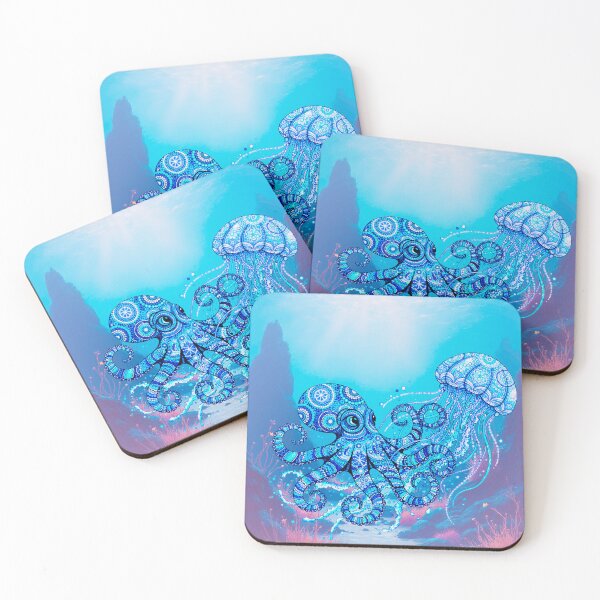 Item preview, Frozen Abyss: Intricate Blue Dot Art Octopus and Jellyfish Winter Battle designed and sold by DotsNSoul.