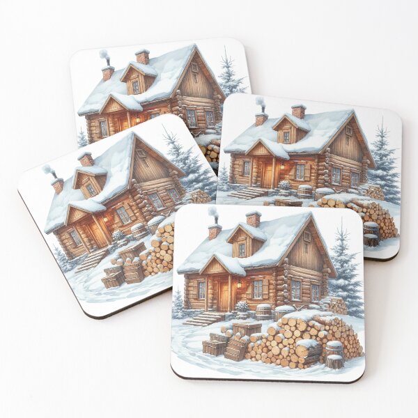 Item preview, Wooden Cabin with Snow and Firewood – Winter Holiday Art designed and sold by NotasCreativa.