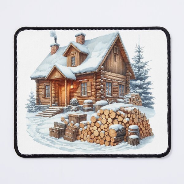 Item preview, Wooden Cabin with Snow and Firewood – Winter Holiday Art designed and sold by NotasCreativa.