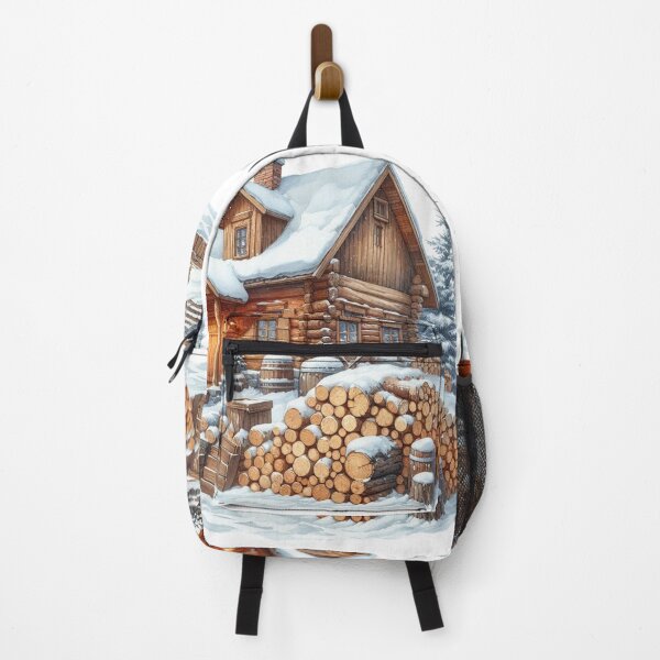 Item preview, Wooden Cabin with Snow and Firewood – Winter Holiday Art designed and sold by NotasCreativa.