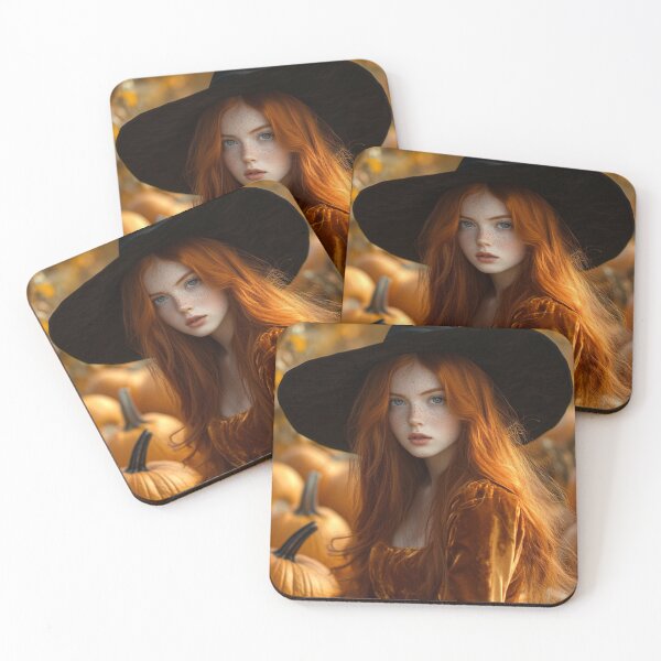 Item preview, autumn-inspired portrait of a young witch sitting amidst a field of pumpkins designed and sold by WhimsyWink.