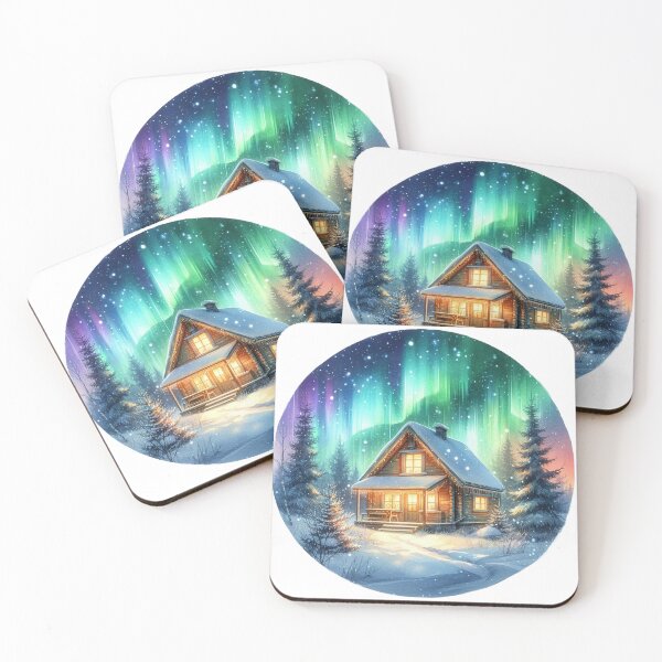 Item preview, Snowy Cabin with Northern Lights – Winter Holiday Art designed and sold by NotasCreativa.