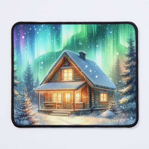 Item preview, Snowy Cabin with Northern Lights – Winter Holiday Art designed and sold by NotasCreativa.