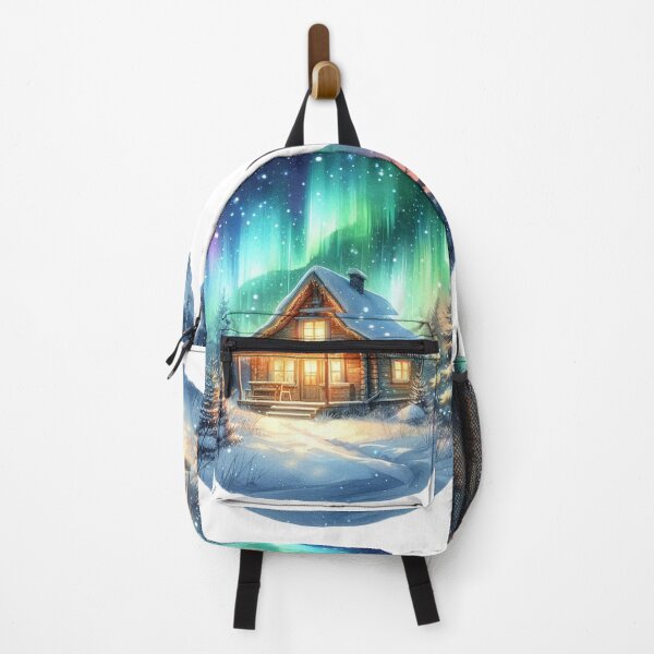 Item preview, Snowy Cabin with Northern Lights – Winter Holiday Art designed and sold by NotasCreativa.