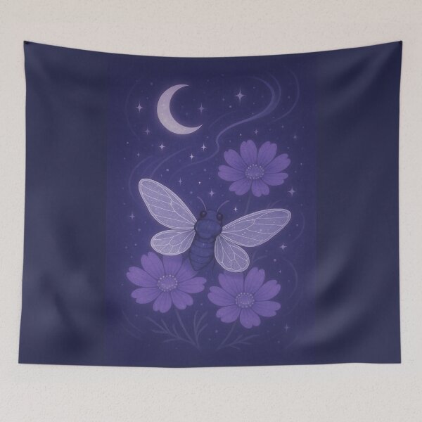 Item preview, Moonlit Cicada & Cosmos Blooms" – Whimsical Night Sky Insect Art designed and sold by Zee's Whimsical Wonders.