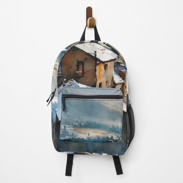 Item preview, Snowy Village Watercolor Painting – Winter Mountain Town Landscape designed and sold by solynneart.