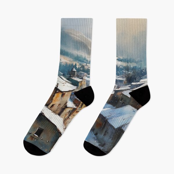 Item preview, Snowy Village Watercolor Painting – Winter Mountain Town Landscape designed and sold by solynneart.