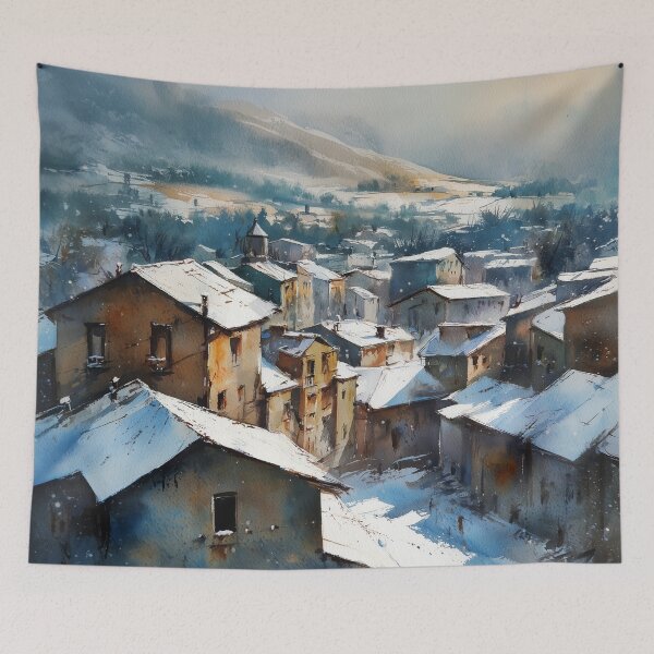 Item preview, Snowy Village Watercolor Painting – Winter Mountain Town Landscape designed and sold by solynneart.