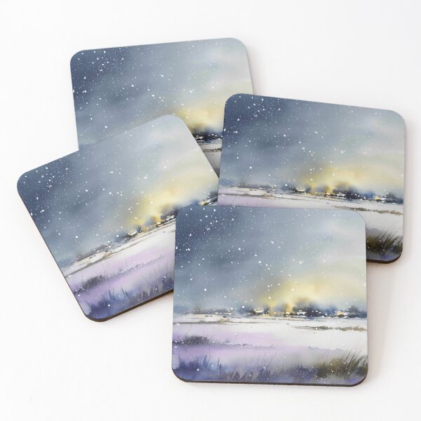 Item preview, Snowfall Over Distant Lights — Winter Landscape Watercolor designed and sold by solynneart.