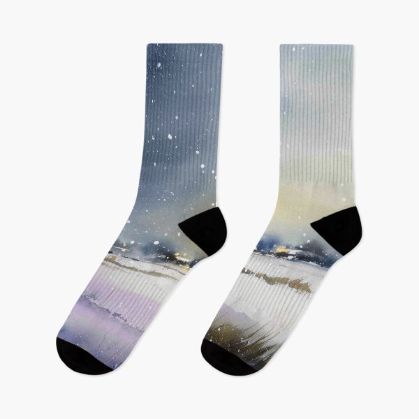 Item preview, Snowfall Over Distant Lights — Winter Landscape Watercolor designed and sold by solynneart.