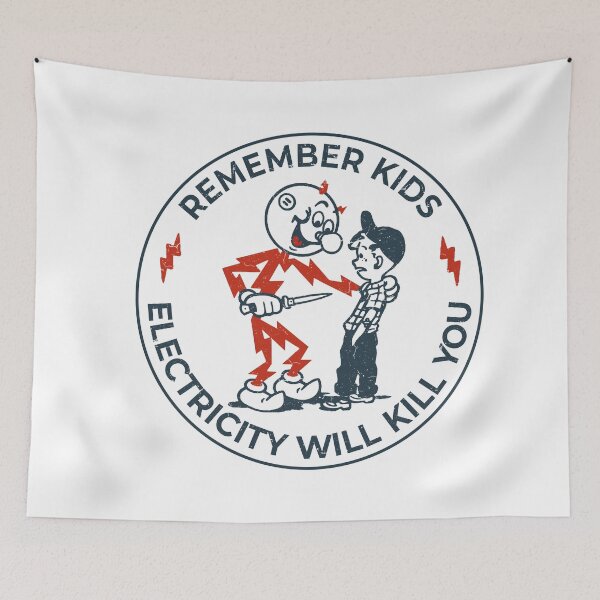 Item preview, Reddy Kilowatt vintage sparky, funny electrician, remember kids electricity will kill you, electric hazard warning, lineman hard hat  designed and sold by CharmedVille.