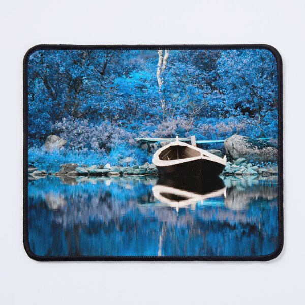 Item preview, Autumnal blue – boat on reflective water / Swiss Artwork Photography designed and sold by Raphael Wolf.