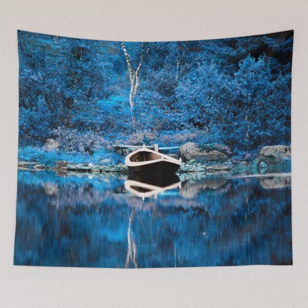 Item preview, Autumnal blue – boat on reflective water / Swiss Artwork Photography designed and sold by Raphael Wolf.
