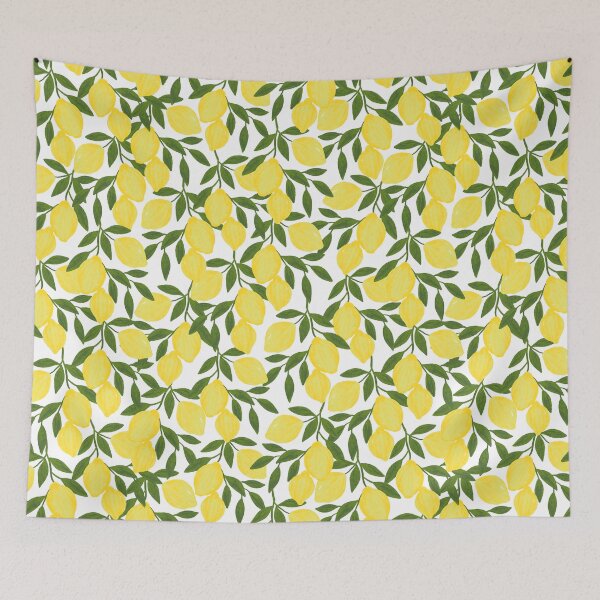 Item preview, Painterly vibrant Yellow lemons hanging down leafy green branches - white background  designed and sold by PrettywithColor.