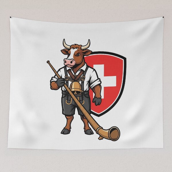 Item preview, Swiss Alphorn Cow Yodel Mascot Flag designed and sold by k3rstman1.